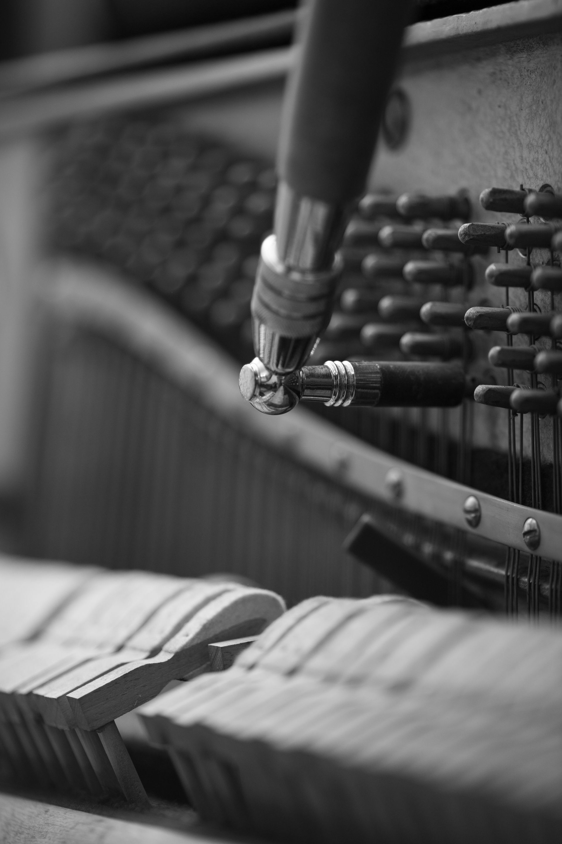 Detailed close-up of a piano tuning mechanism in black and white, showcasing intricate instrument parts.