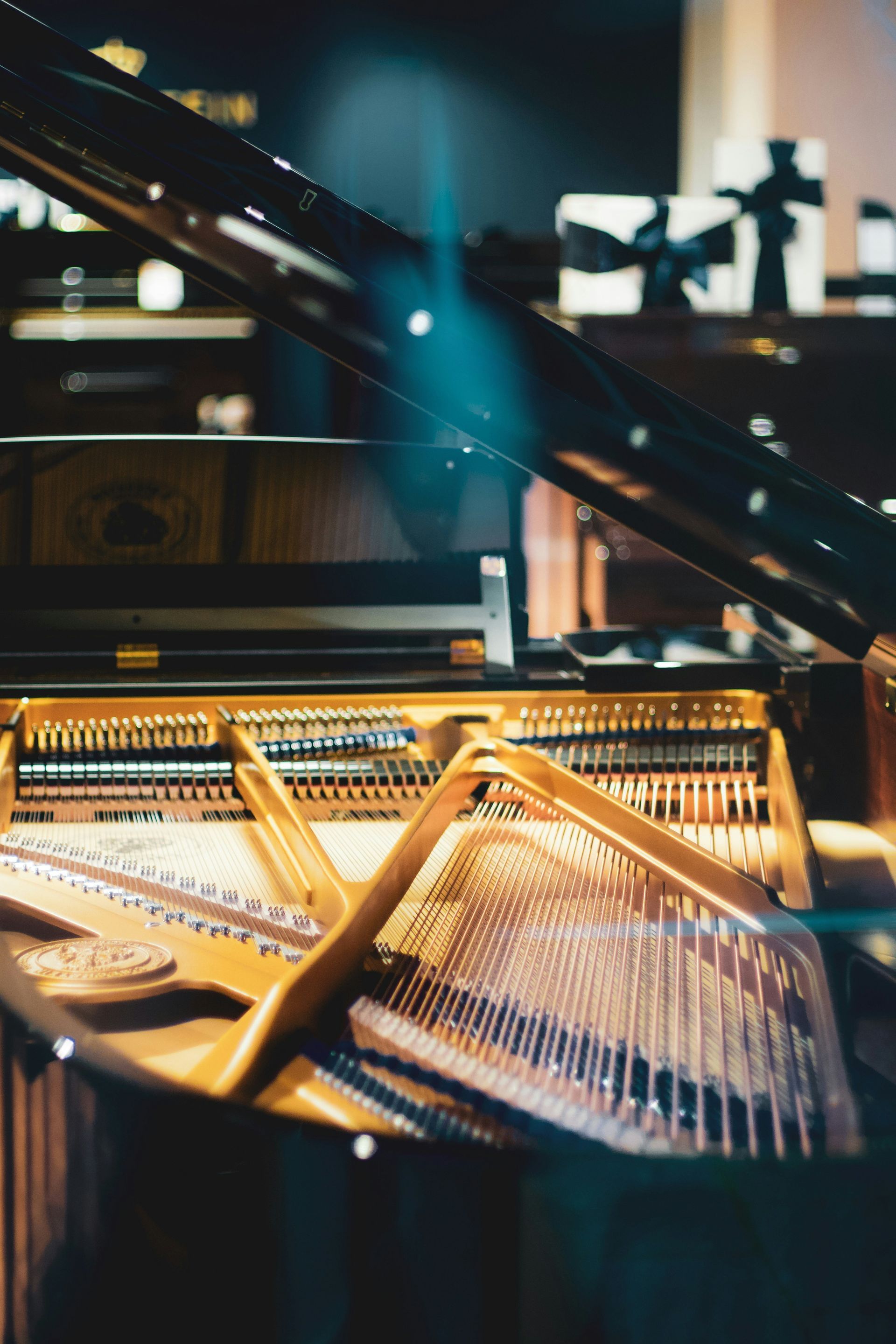 brown and black piano in room